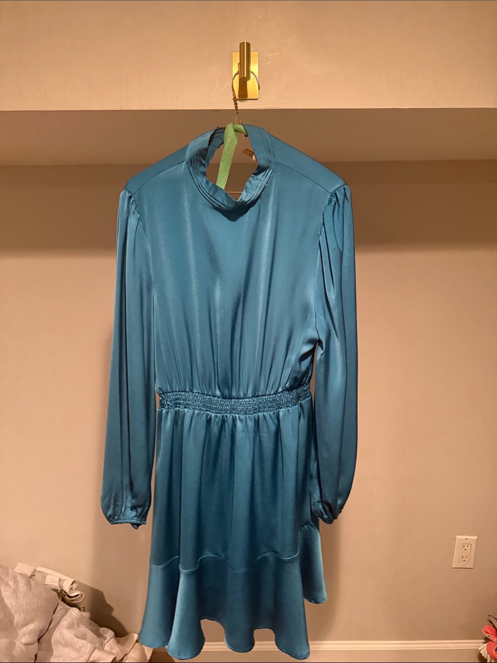 Teal Long-Sleeve Satin Waist-Detail Dress